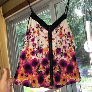 Floral silk tank top with zipper detail in front